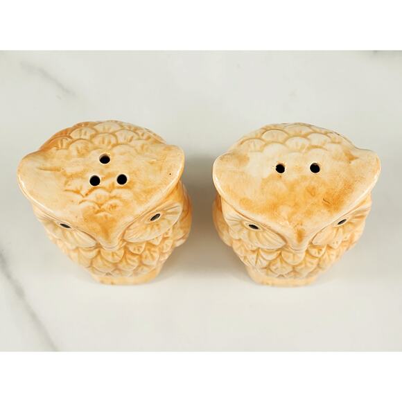 Owl Salt & Pepper Shakers 3 1/2" Ceramic Glazed 90s Tan Peach Home Decor Vintage - Picture 12 of 14